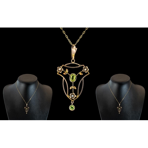 68 - Edwardian Period 1902 - 1910 Exquisite and Well Designed 9ct Gold Pendant Drop Set with Peridots and... 