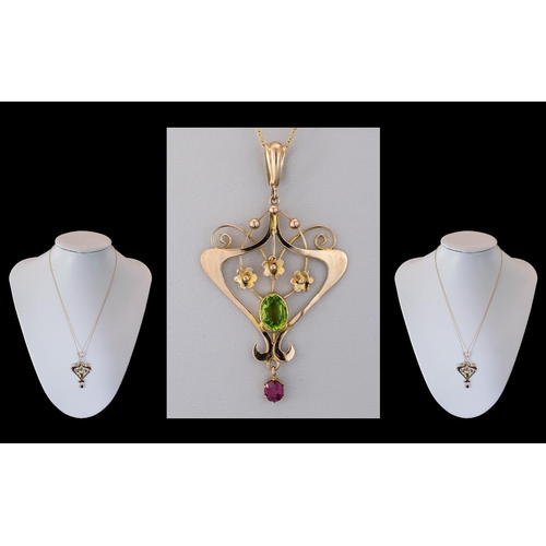 73 - Victorian Period 1837 - 1901 Stunning 9ct Gold Peridot and Garnet Set Pendant Drop with Attached 9ct... 