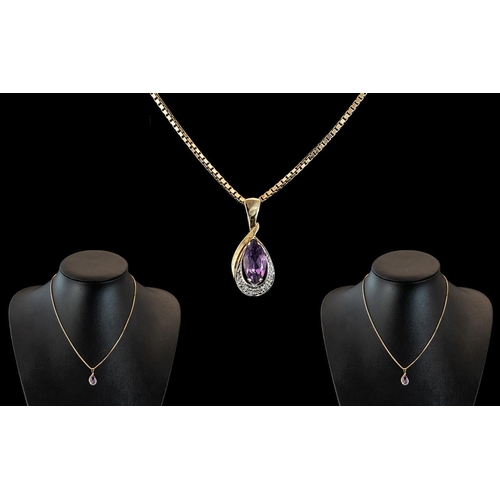 75 - Ladies 9ct Gold Attractive Amethyst Set Pendant Drop with Attached 9ct Gold Box Chain. Both Pendant ... 