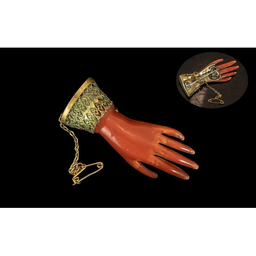 77 - Antique Coral Brooch In Form of a Hand, Mounted on Yellow Metal. Antique Coral Brooch In the Form of... 