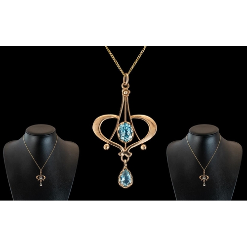 78 - Art Nouveau - Exquisite and Attractive 9ct Gold Pendant Drop, Set with Aquamarines of Excellent Colo... 