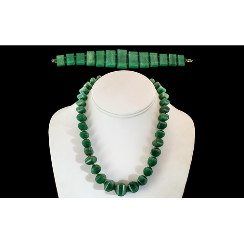 129A - Art Deco 1930's Green Aventurine Bracelet and Necklace, Both of Pleasing Design and Form. Bracelet 6... 