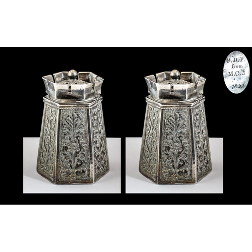 134 - Antique 19th Century - Superb French Six Sided Pair of Silver Pepperettes. The Bodies Decorated with... 