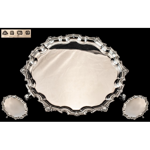 136 - 1930's - Superb Quality Sterling Silver Footed Salver - Tray, With Shell Cast Border of Circular For... 