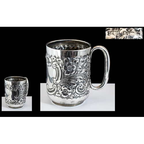 138 - Edwardian Period 1901 - 1910 Excellent Sterling Silver Floral Embossed Christening Cup with Vacant C... 