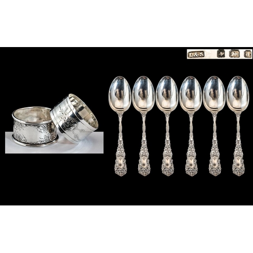 142 - Edwardian Period Set of 6 Sterling Silver Ornate Teaspoons. Hallmark Birmingham 1903 + Two Sterling ... 