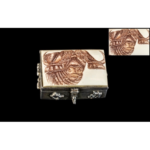 153B - Scrimshaw Interest. Silver Pill Box with Carved Bone Water Buffalo. The Carving of Wonderful Quality... 