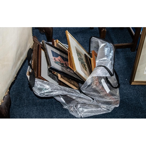 1578 - Two Bags of Assorted Prints & Paintings, including June Carter watercolour, assorted prints, tapestr... 