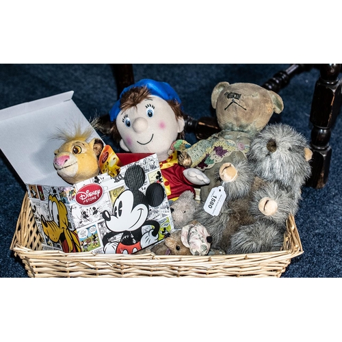 1580 - Box of Vintage Soft Toys, comprising Noddy toy figure, cuddly beaver toy, antique teddy bear with jo... 