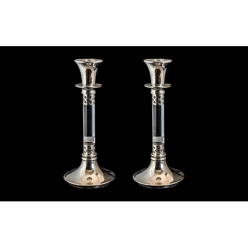 1588 - Two Modern Glass and Silver Plated Candle Holders,  9'' high.