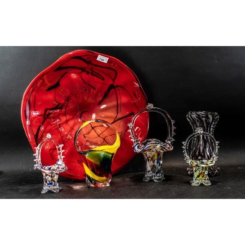 1602 - Collection of Murano Style Glass, to include three basket vases, a further vase and a large shallow ... 