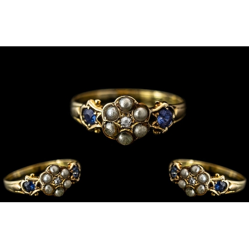 17 - Victorian Period Ladies - Exquisite and Superb 18ct Gold Sapphire Pearl / Diamond Set Ring. Marked 1... 