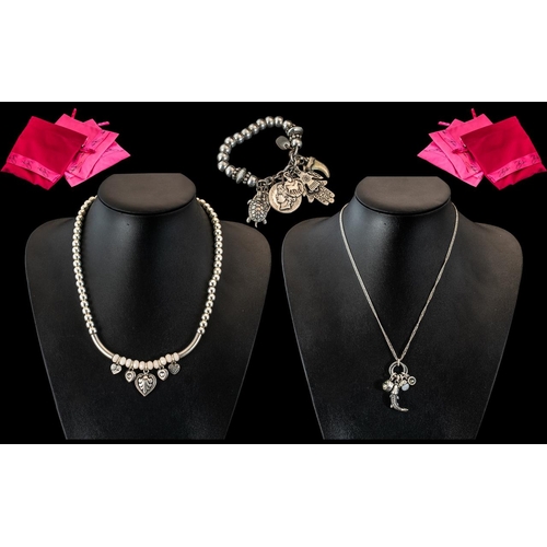 212 - Three Bibi Bijoux Items, comprising a silver and bead necklace with heart charms, a silver tone bead... 