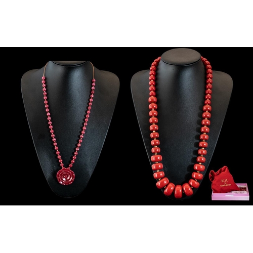 213 - Lola Rose Necklace, red rose on bead necklace, adjustable length.  Together with a Kenneth Jay Lane ... 