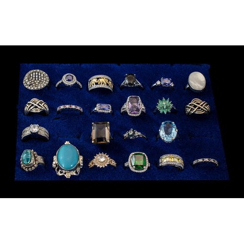 285 - A Good Collection of Vintage Sterling Silver Stone Set Dress Rings ( 22 ) Rings In Total. Various Ri... 