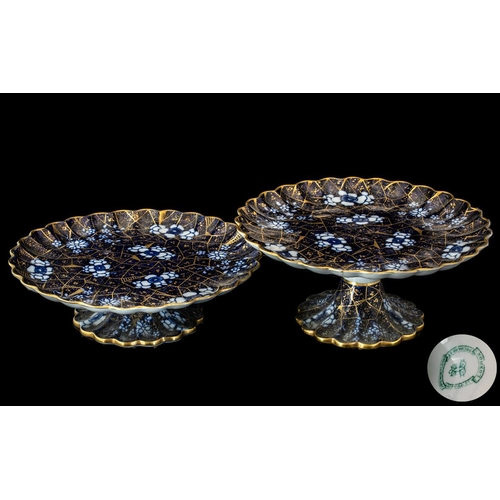 585 - Pair of Tazzas by John Mortlock, in blue ground with gilt splash design.  Diameter 8.5''.