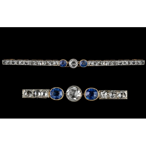 7A - Antique Period 18ct Gold and Platinum Diamond and Sapphire Set Bar Brooch set with 25 old cut diamon... 