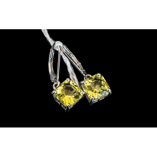 129B - Lime Gold Quartz Drop Earrings, octagon cut solitaires of the brightly sparkling lime/ lemon gemston... 