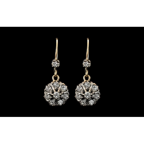 10 - Antique Period 18ct Gold - Diamond Set Pair of Drop Earrings, Flower head Settings. Set with Diamond... 