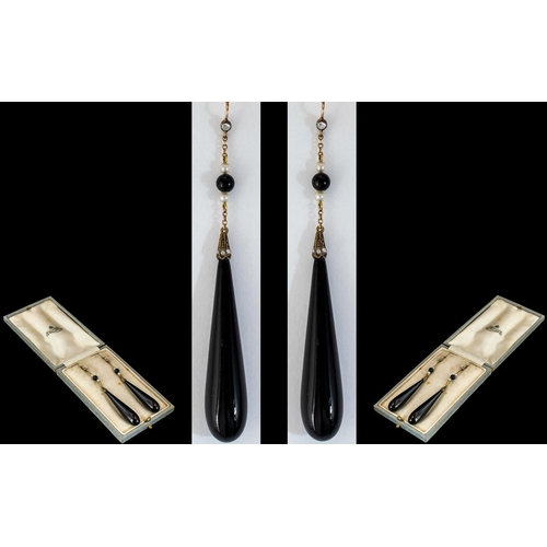 10A - Antique - Period 9ct Gold Superb Pair of Black Onyx Seed Pearl and Diamond Set Long Tear-drop Earrin... 