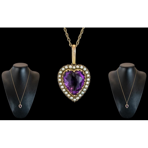 15 - Victorian Period - Attractive 15ct Gold Heart Shaped Faceted Amethyst and Seed Pearl Set Pendant, No... 