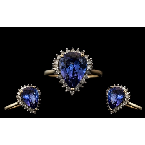 17A - Ladies 9ct Gold - Superior Quality Tanzanite and Diamond Set Cluster Ring. The Pear Shape Large Face... 