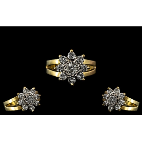 18A - 18ct Yellow Gold - Attractive Diamond Set Cluster Ring, Flower-bud Design. Full Hallmark for 750 to ... 