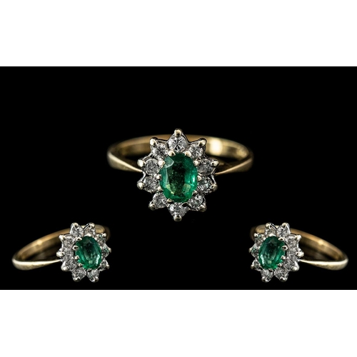 21 - Ladies Attractive 9ct Gold Petite - Emerald and Diamond Set Ring, Flower head Setting. Full Hallmark... 