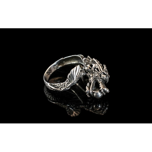 228A - Solid Silver Chinese Dragon Ring. Ring of Large Size, Well Detailed Ring with The Design of The Drag... 