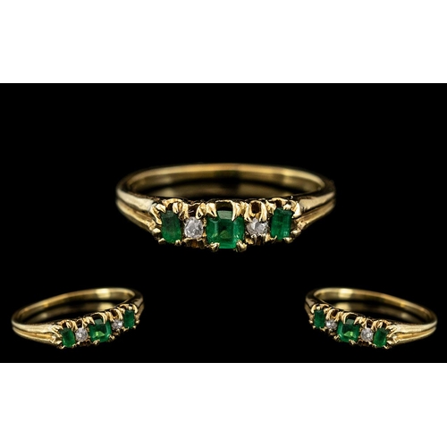 37A - 18ct Gold - Petite 5 Stone Emerald and Diamond Ring. The Natural Emeralds of Excellent Colour, with ... 