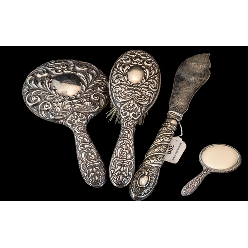 389 - Three Stirling Silver Items, comprising a vanity set of hairbrush and mirror, together with a large ... 