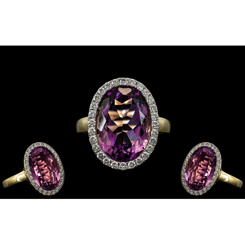 6 - 18ct Gold - Superb Quality Large Amethyst and Diamond Set Dress Ring, Heavy Shank ( Expensive ) Full... 