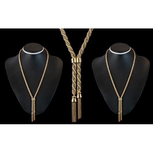 9 - Superb 9ct Two Tone Gold Attractive Necklace with Tassel Drops, The Rope Twist and Box Design of Ple... 