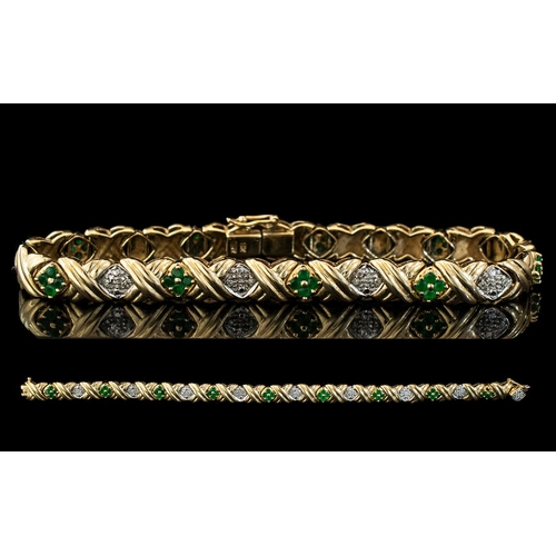 128 - 14ct Gold - Attractive Emerald and Diamond Set Bracelet, Excellent Design. Full Marks for 14ct. Emer... 