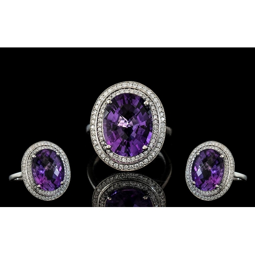 241 - Stunning Platinum Diamond and Amethyst Set Dress Ring. Marked 950 to Interior of Shank - Platinum. T... 