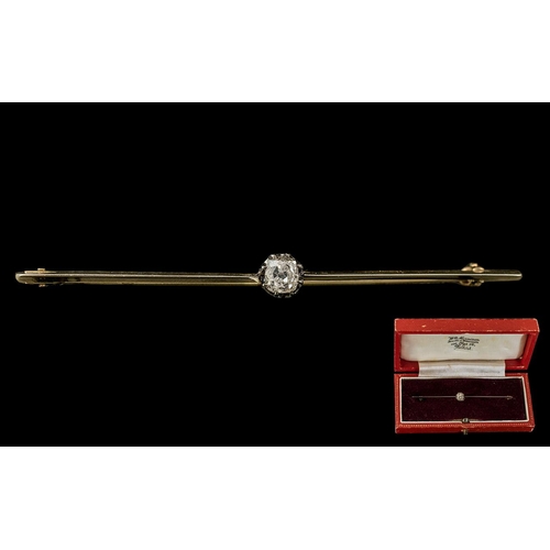 247A - A Victorian Gold Bar Brooch Set with a Central Old Cut Diamond approximately 30 pts. Length - 67 mm.... 