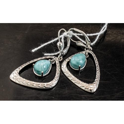 248 - Pair of Larimar Set Modernist Style Drop Earrings, with solitaire larimar cabochons of 2cts each, su... 