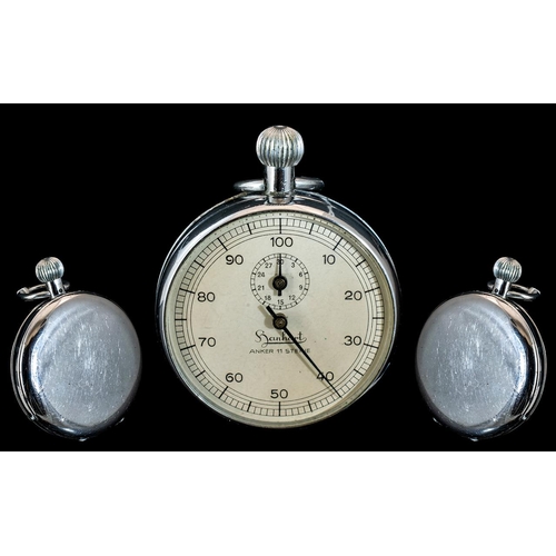 252 - German - Hanhart Early Steel Cased Stopwatch. Marked Hanhart, Anker 11, Steine. Excellent Condition ... 