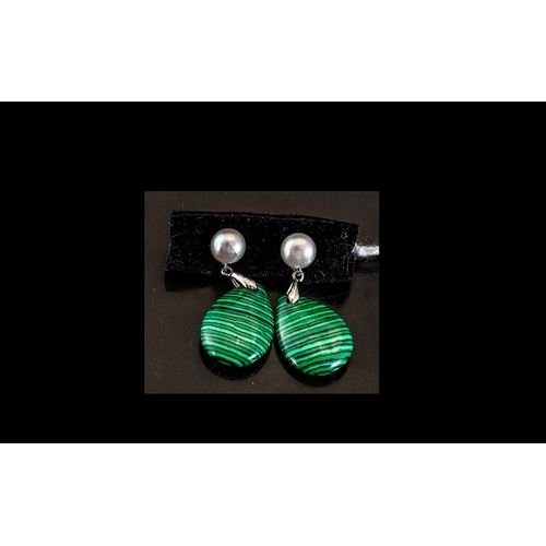 256A - Malachite and Fresh Water White Pearl Drop Earrings, pear cut drops of well marked malachite held be... 