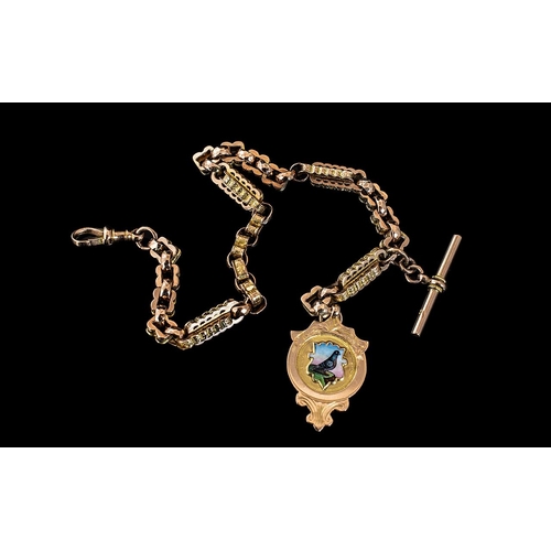 263 - Antique Period Excellent Quality 9ct Rose Gold Ornate Albert Watch Chain with attached T-bar and fob... 
