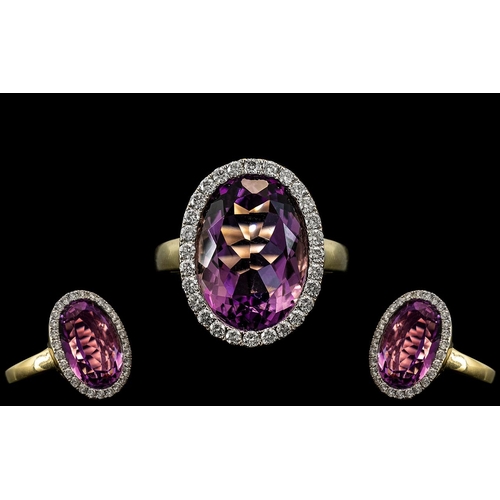 264 - 18ct Gold - Superb Quality Large Amethyst and Diamond Set Dress Ring, Heavy Shank ( Expensive ) Full... 