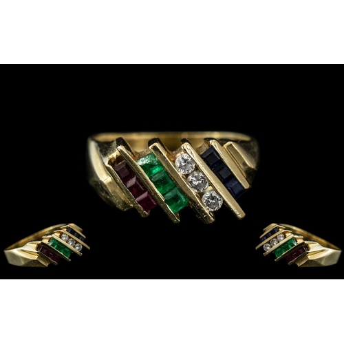 36 - 14ct Gold Ladies Attractive Multi-Stone Set Dress Ring, Excellent Design. Set In Rubies, Emeralds, D... 