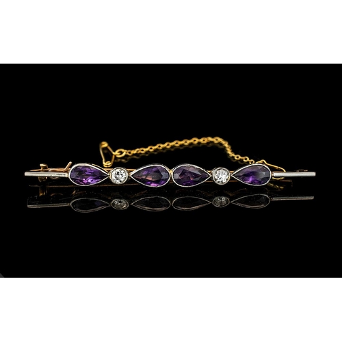 38 - Antique Period - Attractive and Excellent Quality 18ct Gold and Platinum Diamond and Amethyst Set Br... 