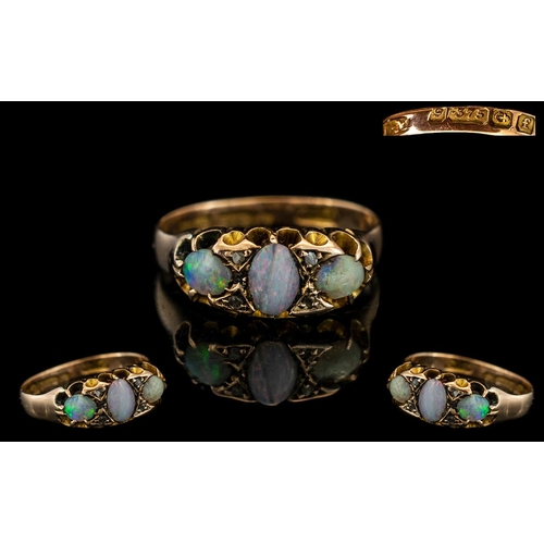 38A - Antique Form - Attractive 9ct Gold 3 Stone Opal and Diamond Set Dress Ring, Gallery Setting. The Ova... 