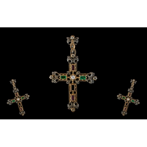 39 - Victorian Period 1837 - 1901 9ct Gold Cross and Chain, Ornate Open-worked Design. Set with Emeralds,... 