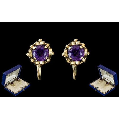 48A - Ladies Pair of 18ct Gold Amethyst Set Earrings. The Faceted Amethysts of Excellent Deep Colour, 18ct... 