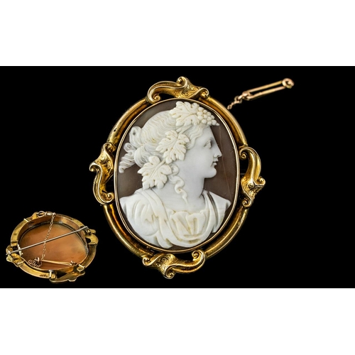 50 - Antique Period Large and Impressive 9ct Gold Mounted Shell Cameo Brooch with Safety Chain. Fully Hal... 