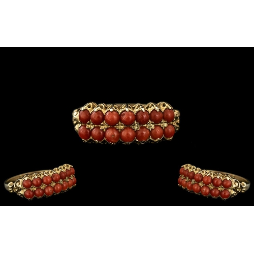 58 - Ladies - Attractive 9ct Gold Coral Set Dress Ring. Well Matched Cabochon Cut Corals of Excellent Col... 