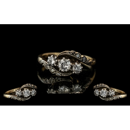 58A - 18ct Gold and Platinum Ladies - Attractive Antique 3 Stone Diamond Set Ring. Marked 18ct and Platinu... 