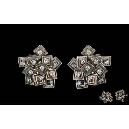 62 - 18ct White Gold - Contemporary and Modern Designed Pair of Diamond Set Earrings of Large Proportions... 